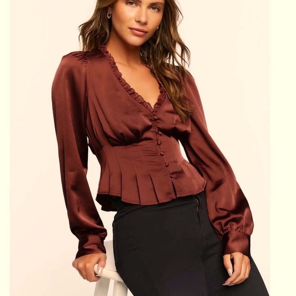 Small Forever 21 Sexy Shirred Lace Trim Top Burgundy w/ a Hint of Brown Blouse